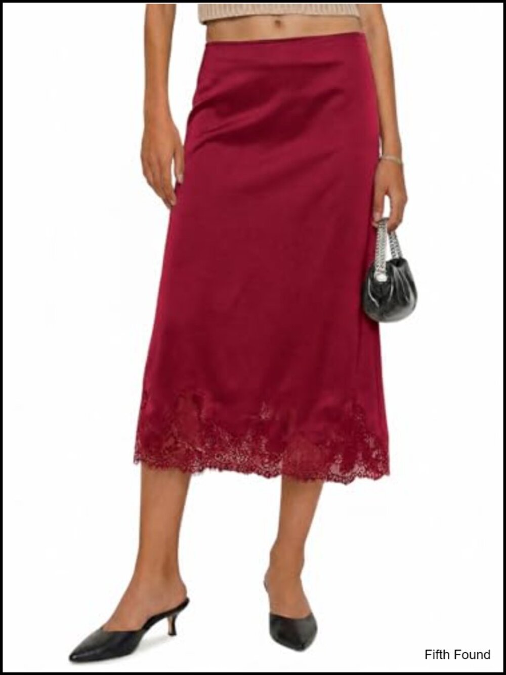 Satin Midi Skirt High Waist Lace Hem A-Line Elegant